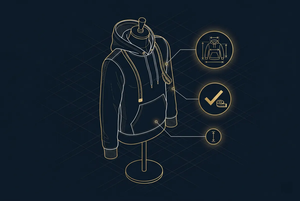 Blueprint-style isometric illustration of a hoodie on a tailor mannequin with measuring tape and approval checkmarks, representing the revision and approval stage
