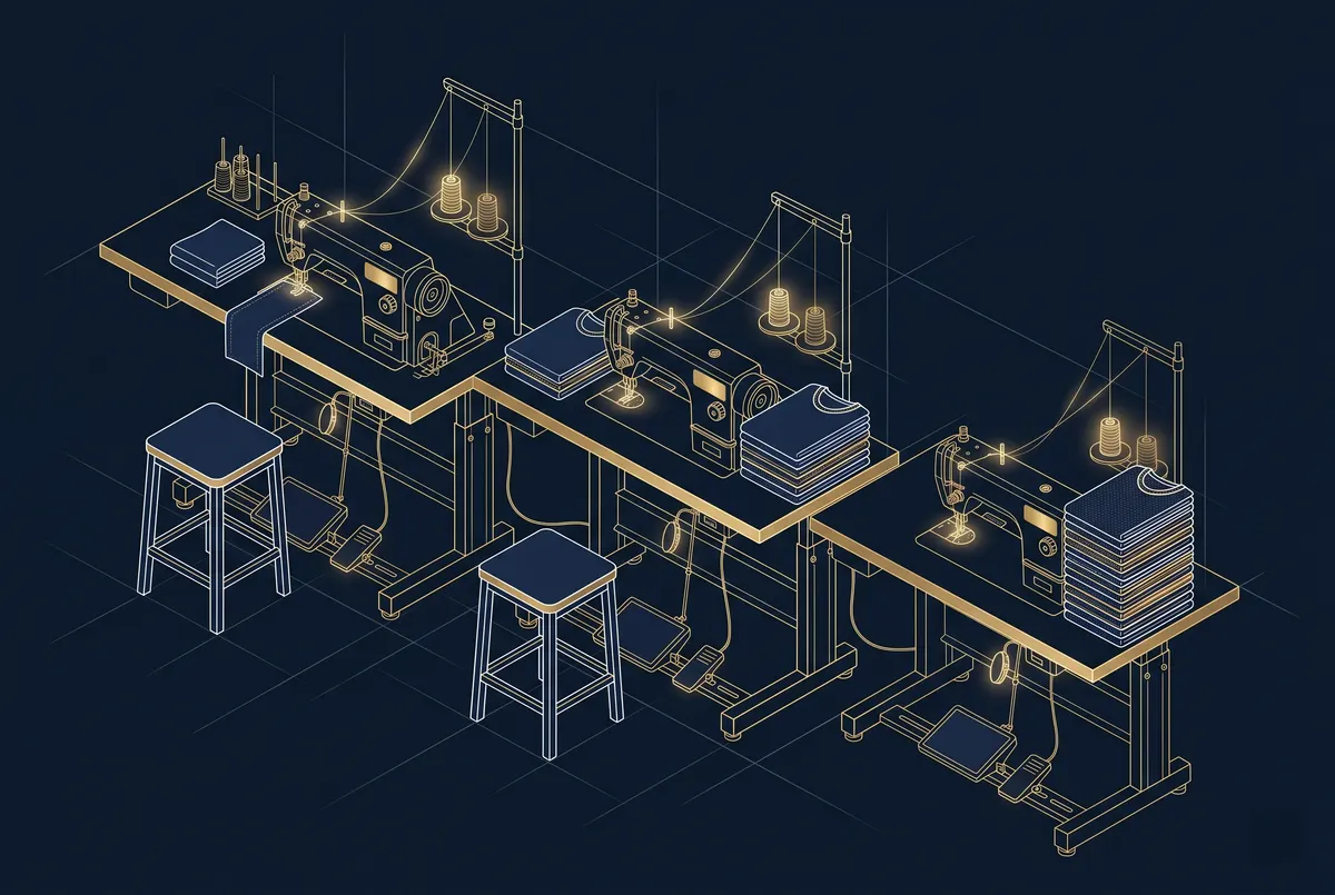 Blueprint-style isometric illustration of industrial sewing workstations with growing garment stacks, representing the bulk production stage