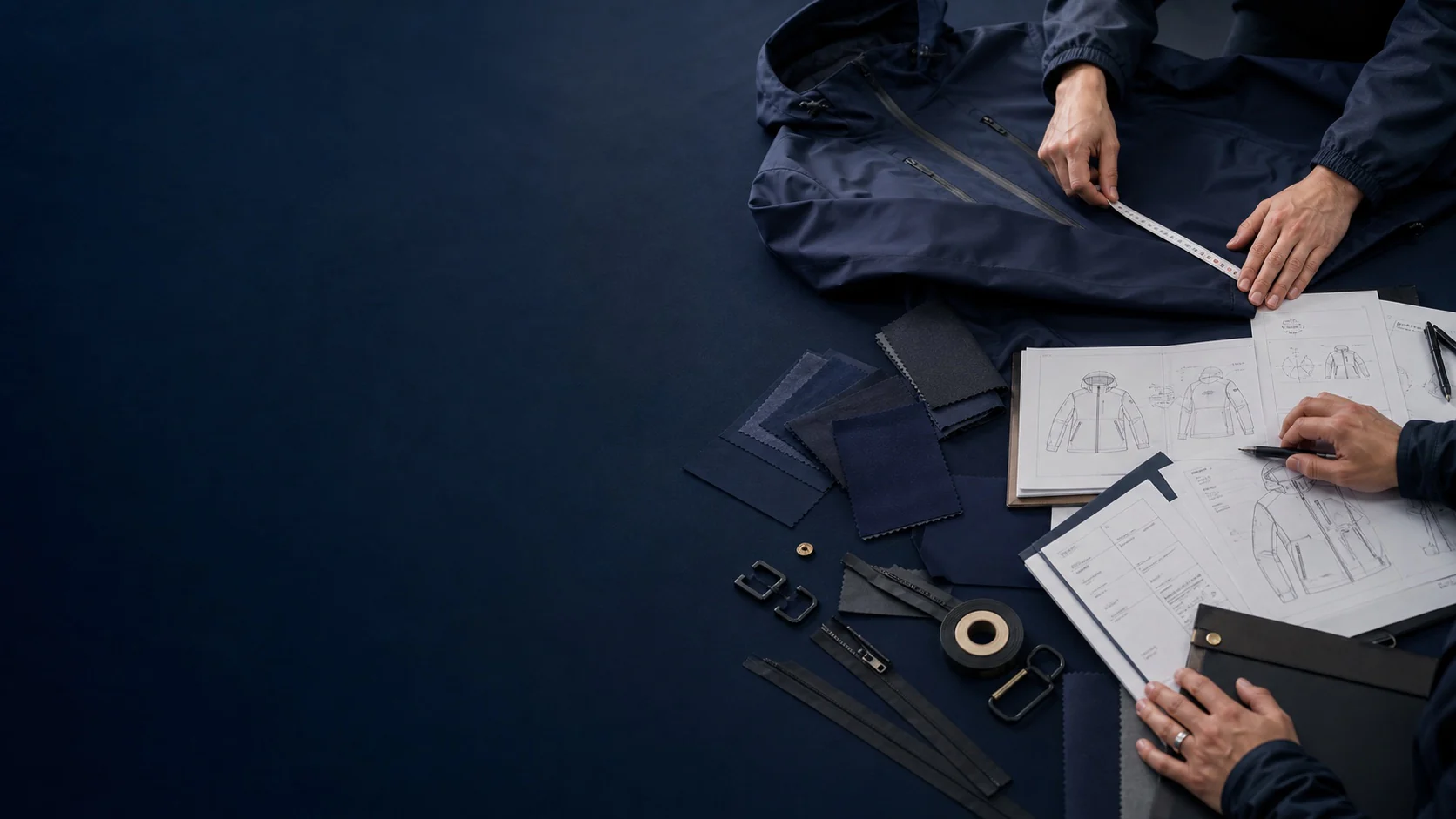 Product-development team reviewing a technical garment brief