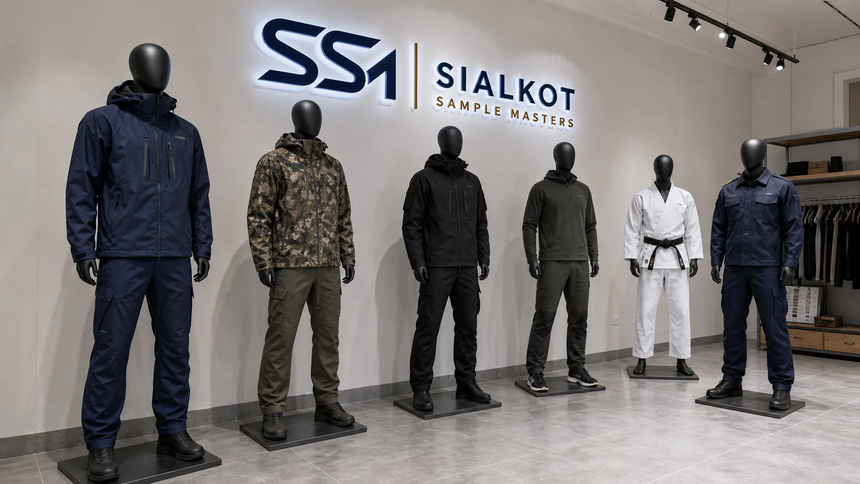 Conceptual Sialkot Sample Masters showroom displaying six specialist apparel programs on full-length mannequins
