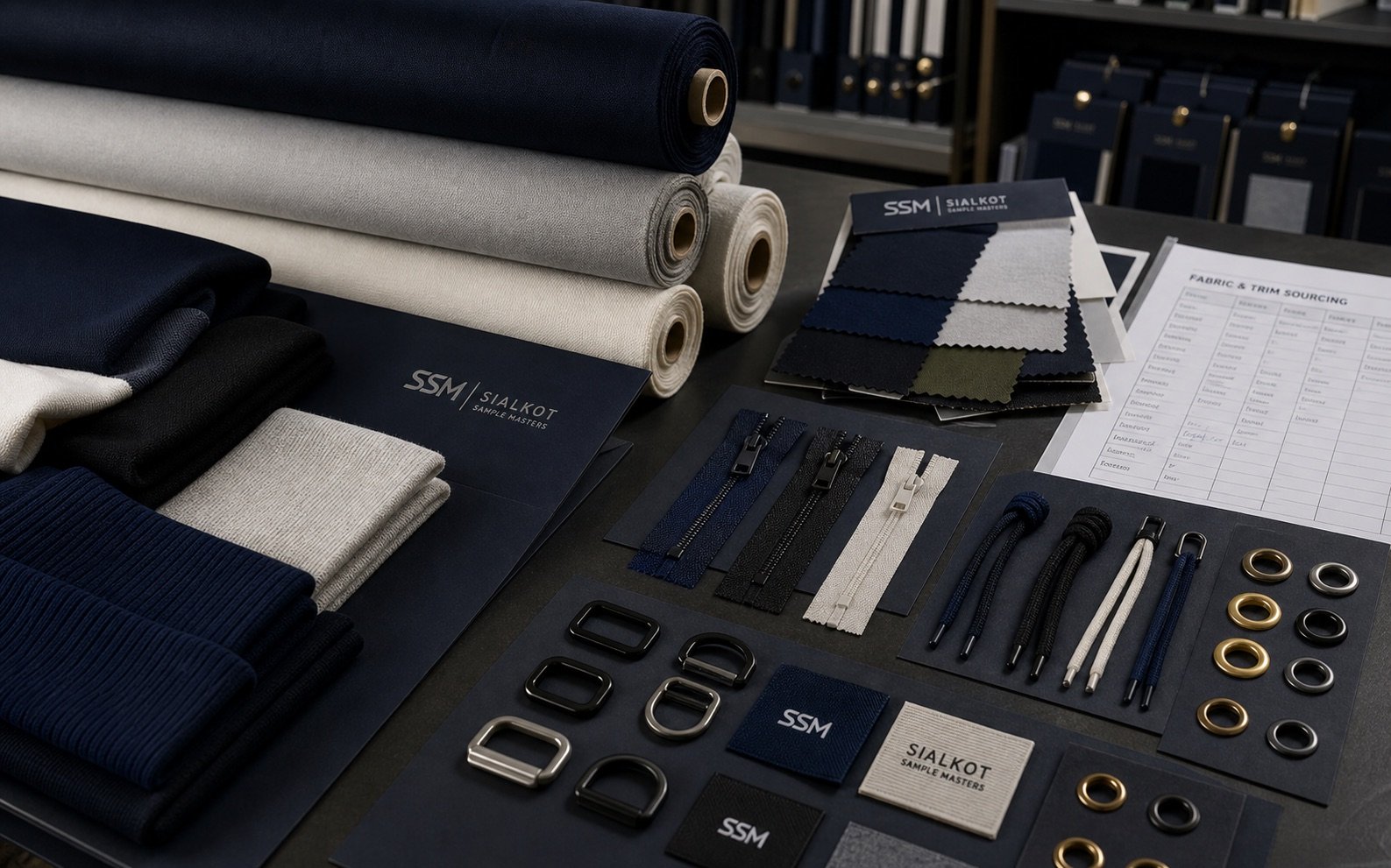 Representative Sialkot Sample Masters fabric and trim sourcing table with fabric rolls, zippers, drawcords, and branded swatches