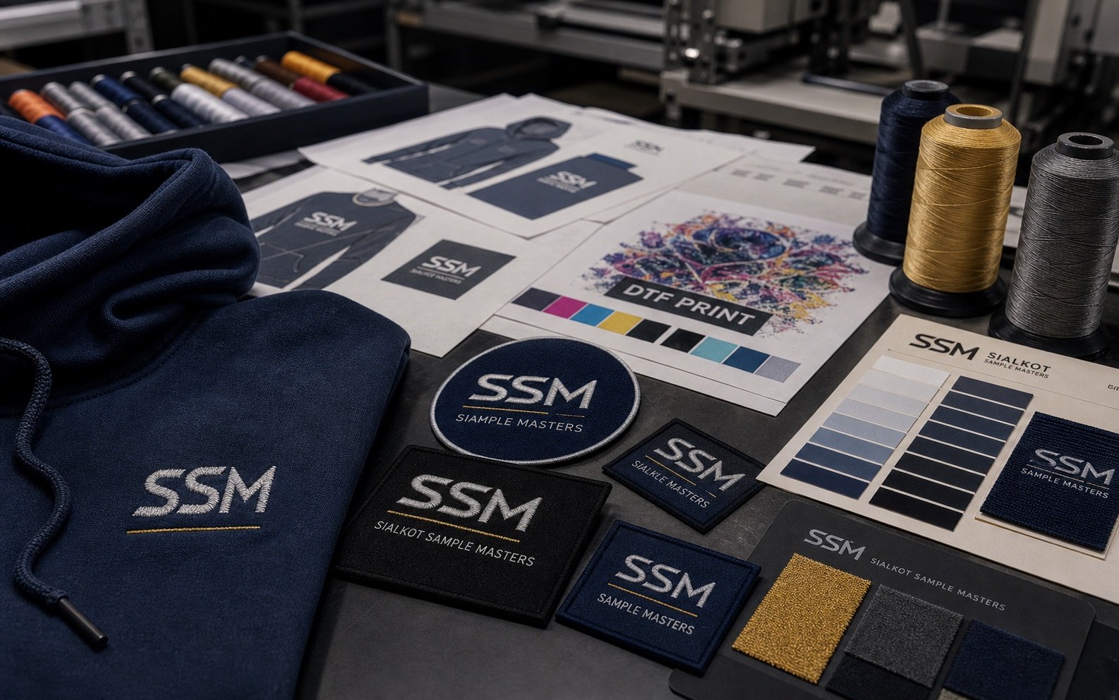 Representative Sialkot Sample Masters print, embroidery, and patch development table with branded embroidered samples