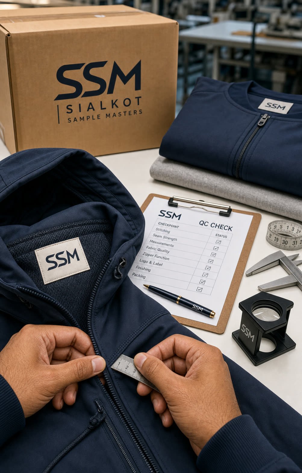 Representative Sialkot Sample Masters quality-control workflow with branded labels, inspection checklist, carton, and measurement tools