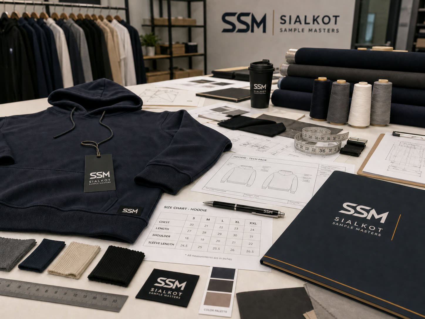 Representative Sialkot Sample Masters sample-development table with branded hoodie, fabric swatches, size chart, and tech pack