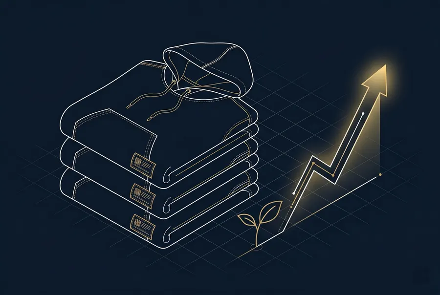 Blueprint-style isometric illustration of a small stack of folded hoodies with a rising growth arrow, representing low-MOQ programs for emerging clothing brands