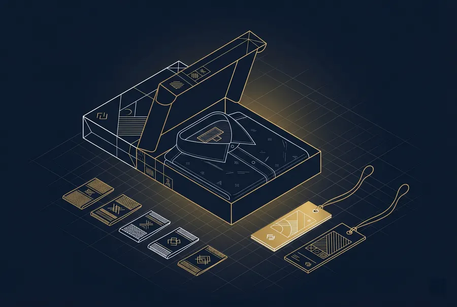 Blueprint-style isometric illustration of woven labels, hangtags, and branded packaging sleeves, representing private label readiness