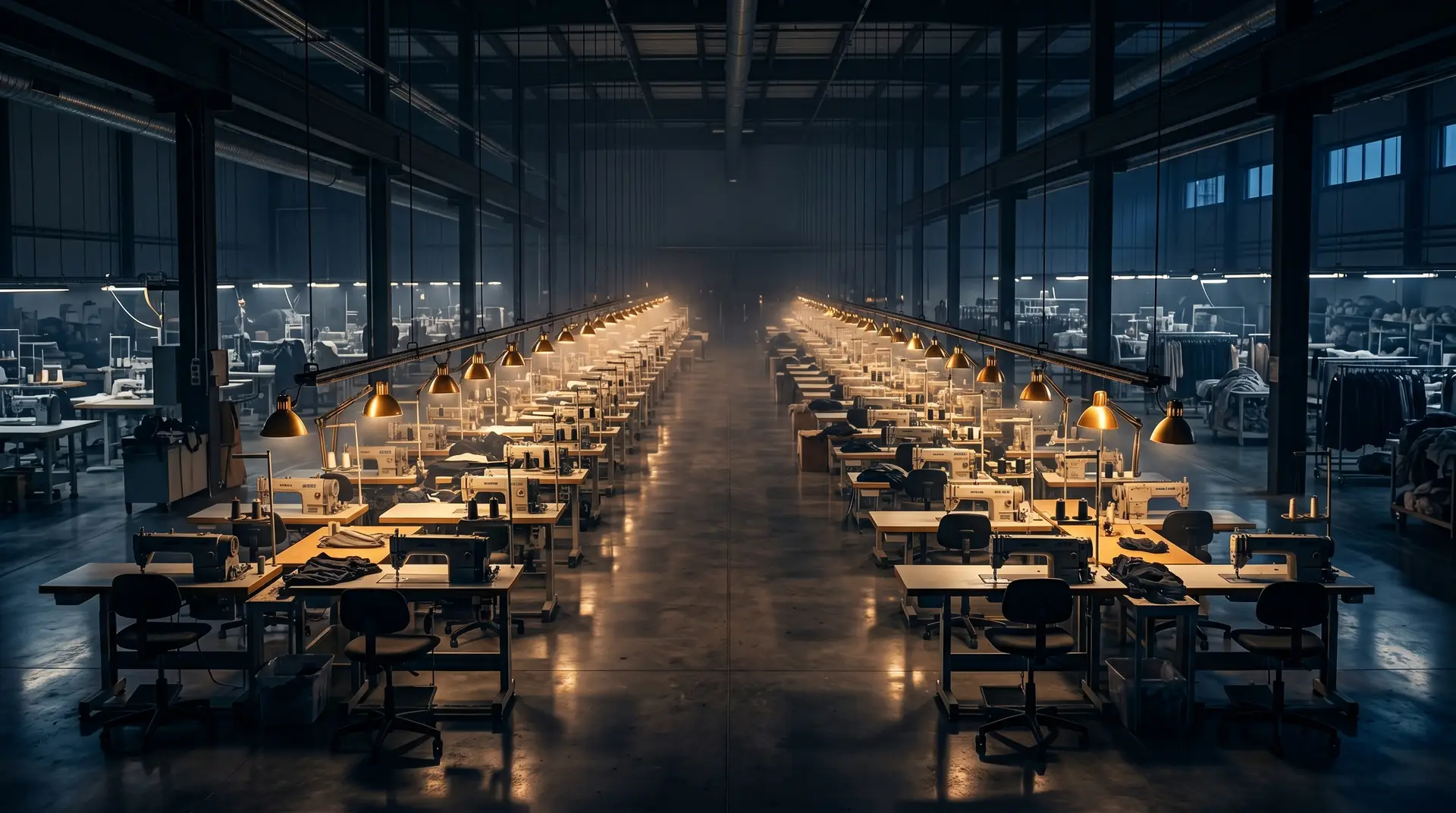 Cinematic wide view of a modern apparel factory floor in Sialkot with rows of sewing workstations under warm gold task lights